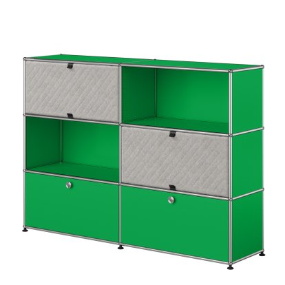 USM Haller Highboard L with two USM Haller Soft Panels, diagonal, USM green, Grey