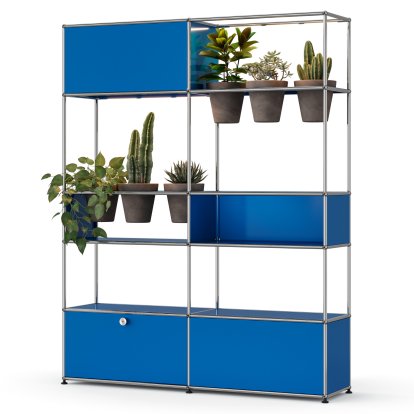 USM Haller E Plant World Room Divider, Gentian blue RAL 5010, Basalt, LED lighting warm white
