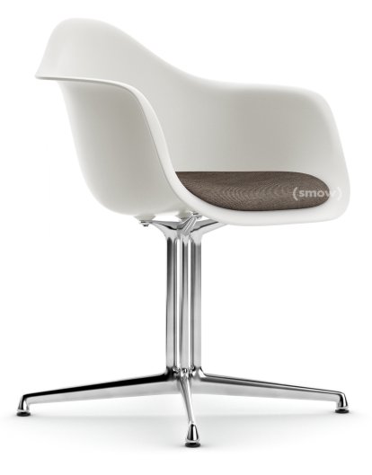 Eames Plastic Armchair DAL, White RE, With seat upholstery, Warm grey / moor brown, Aluminium polished, New seat height (43,0 cm)