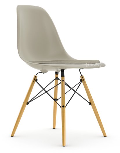 Eames Plastic Side Chair RE DSW, Pebble, With seat upholstery, Warm grey / ivory, Standard version - 43 cm, Yellowish maple