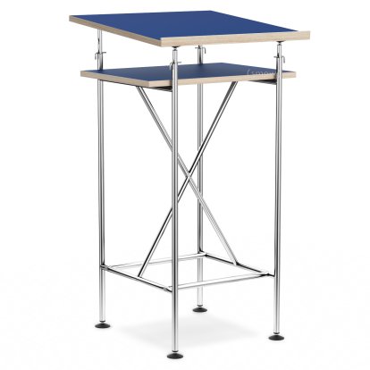 High Desk Milla, 50cm, Chrome, Linoleum midnight blue (Forbo 4181) with oak edges