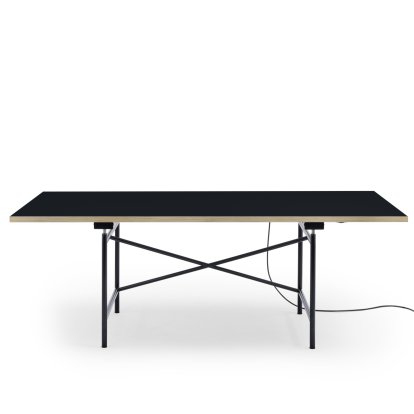 Eiermann 1 Table E (Electric Height Adjustment), Linoleum black (Forbo 4023) with oak edge, 200 x 90 cm, Black, With cable duct