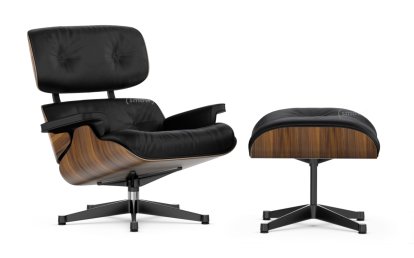 Lounge Chair & Ottoman, Walnut with black pigmentation, Leather Premium F nero, 89 cm, Aluminium polished, sides black