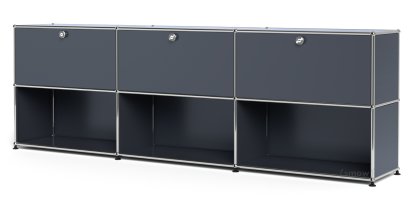 USM Haller Sideboard XL, Customisable, Anthracite RAL 7016, With 3 drop-down doors, Open