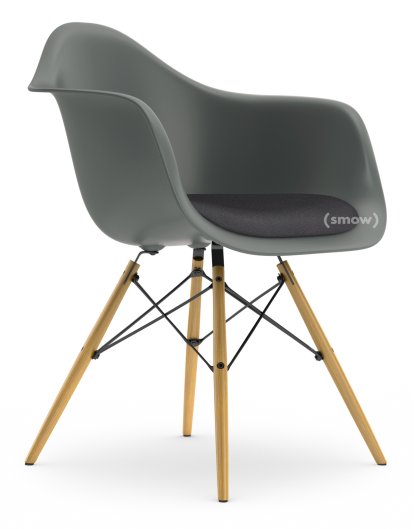 Eames Plastic Armchair RE DAW, Granite grey, With seat upholstery, Dark grey, Standard version - 43 cm, Ash honey tone