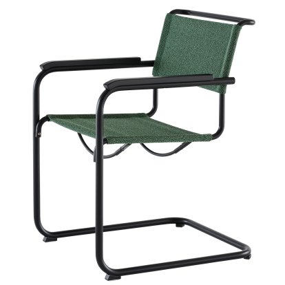 Details Thonet S 33 / S 34 V Fabric Cantilever Chair S 33 / S 34 V Fabric Cantilever Chair, Armrests black stained beech, Deep black matt powder coated, Fabric Cento malachit - dark green, Black plastic glides with felt