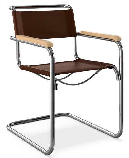 S 33 / S 34 Cantilever Chair, Armrests natural stained beech, Butt leather, Chocolate, Black plastic glides with felt