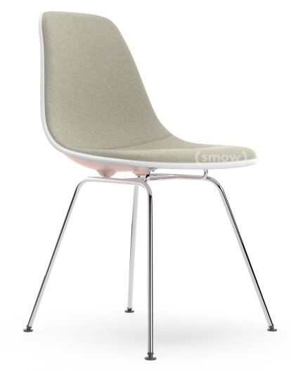 Eames Plastic Side Chair RE DSX, Pale rose, With full upholstery, Warm grey / ivory, Standard version - 43 cm, Chrome-plated