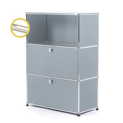 USM Haller E Highboard M with 2 Drop-down Doors and Compartment Lighting, USM matte silver, Warm white