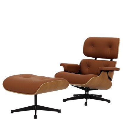 Eames Lounge Chair & Ottoman, Cherry, natural , Leather Premium F cognac, 84 cm - Original height 1956, Aluminium polished, sides black