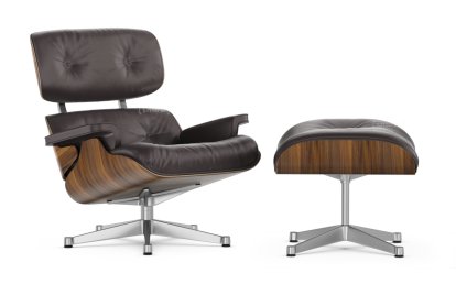 Lounge Chair & Ottoman, Walnut with black pigmentation, Leather Premium F chocolate, 89 cm, Aluminium polished