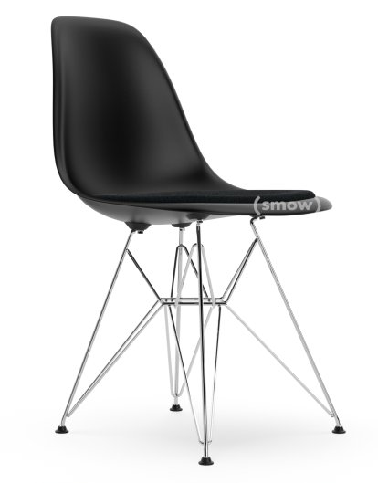 Eames Plastic Side Chair RE DSR, Deep black, With seat upholstery, Nero, Standard version - 43 cm, Chrome-plated