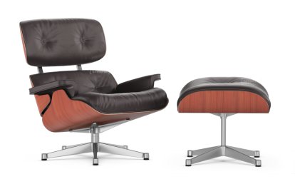Lounge Chair & Ottoman, Cherry, Leather Premium F chocolate, 84 cm - Original height 1956, Aluminium polished