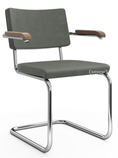 S 64 PV Pure Materials Cantilever Chair, Nubuk Leather green-grey, Walnut, Chrome-plated, Black plastic glides with felt