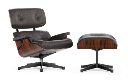 Lounge Chair & Ottoman, Santos Palisander, Leather Premium F chocolate, 89 cm, Aluminium polished, sides black