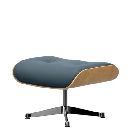 Eames Lounge Chair Ottoman, Chestnut, natural, Leather Premium F smoky blue, Aluminium polished