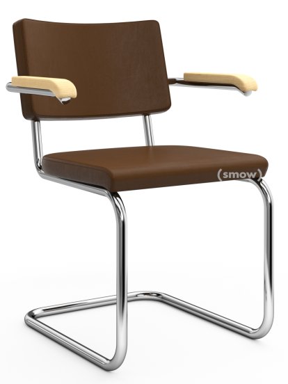 S 64 PV Pure Materials Cantilever Chair, Nappa Leather mid-brown, Ash, Chrome-plated, Black plastic glides with felt