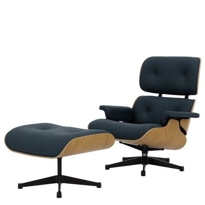 Lounge Chair & Ottoman, Chestnut, natural, Lether Premium F smoky blue, 89 cm, Aluminium polished, sides black