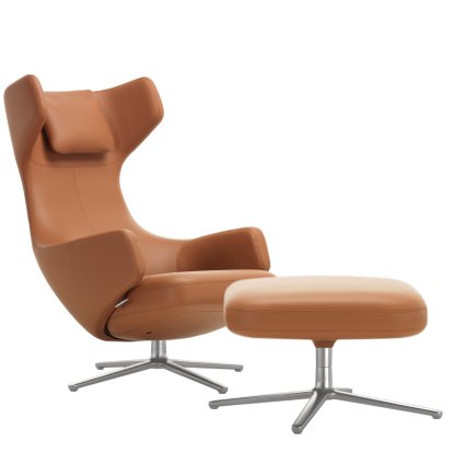 Grand Repos Lounge Chair, Chair Grand Repos & Ottoman, Leather Premium F cognac, 45 cm, Polished