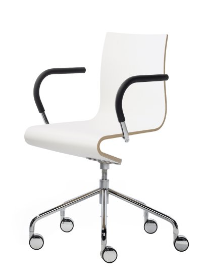 Work Chair Seesaw, Chrome plated, with spindel, With armrests, same colour as base, Natural beech/White laminated melamine