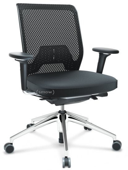 ID Mesh, FlowMotion-with tilt mechanism, with seat depth adjustment, With 3D-armrests, 5 star foot, polished aluminium, Basic dark, Silk mesh seat cover, diamond mesh back, Nero, Soft castors for hard floor surfaces