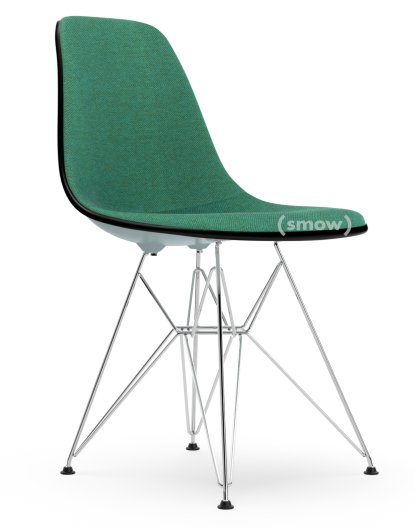 Eames Plastic Side Chair RE DSR, Ice grey, With full upholstery, Mint / forest, Standard version - 43 cm, Chrome-plated