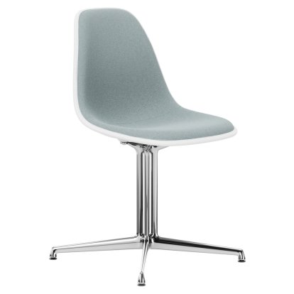Eames Plastic Side Chair DSL, White RE, With full upholstery, Ice blue / ivory, Aluminium polished