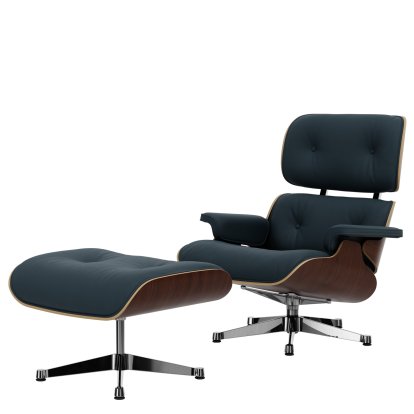 Lounge Chair & Ottoman, Dark walnut, Lether Premium F smoky blue, 89 cm, Aluminium polished