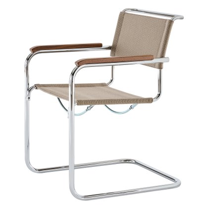 Details Thonet S 33 / S 34 V Fabric Cantilever Chair S 33 / S 34 V Fabric Cantilever Chair, Armrests oiled walnut, Chrome-plated, Fabric Nobel 61297 - beige, Black plastic glides with felt