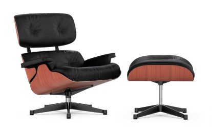 Lounge Chair & Ottoman, Cherry, Leather Premium F nero, 84 cm - Original height 1956, Aluminium polished, sides black