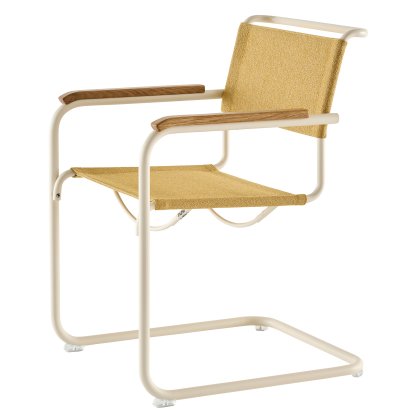 Details Thonet S 33 / S 34 V Fabric Cantilever Chair S 33 / S 34 V Fabric Cantilever Chair, Armrests oiled oak, Pearl white matt powder coated, Fabric Cento corn- sand, Transparent plastic glides with felt