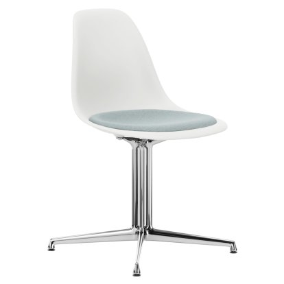 Eames Plastic Side Chair DSL, White RE, With seat upholstery, Ice blue / ivory, Aluminium polished