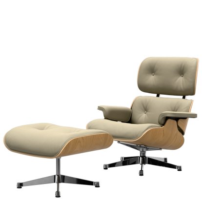 Eames Lounge Chair & Ottoman, Chestnut, natural, Leather Premium F sand, 89 cm, Aluminium polished