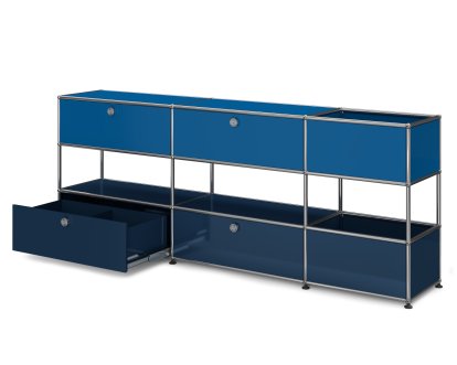USM Haller Kids Sideboard L with storage boxes, Bicoloured, Gentian blue RAL 5010 - Steel blue RAL 5011, With drop-down door and extension door (incl. metal box insert)