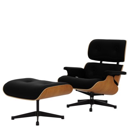 Lounge Chair & Ottoman, Cherry, Leather Premium F nero, 84 cm - Original height 1956, Aluminium polished, sides black