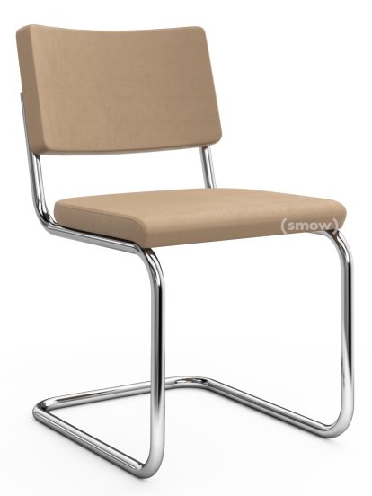 S 32 PV Pure Materials Cantilever Chair, Nubuk Leather sand beige, Chrome-plated, Black plastic glides with felt