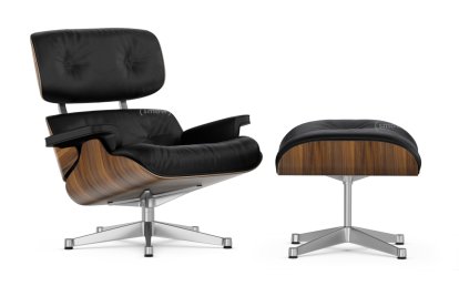 Lounge Chair & Ottoman, Walnut with black pigmentation, Leather Premium F nero, 89 cm, Aluminium polished