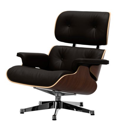 Eames Lounge Chair, Dark walnut, Leather Premium F chocolate, 84 cm - Original height 1956, Aluminium polished