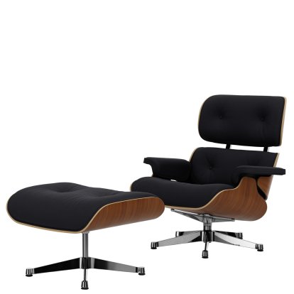 Eames Lounge Chair & Ottoman Calma, Walnut, natural, Calma, dark grey, 84 cm - Original height 1956, Aluminium polished