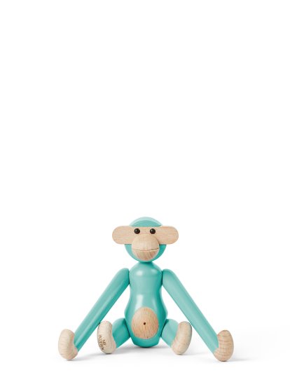 Monkey Wooden Figure, Mini (H 9,5 cm), Beech/turquoise