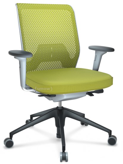 ID Mesh, FlowMotion-without tilt mechanism, without seat depth adjustment, With 2D armrests, 5 star foot , basic dark plastic, Soft grey, Silk mesh seat cover, diamond mesh back, Avocado, Hard castors for carpets
