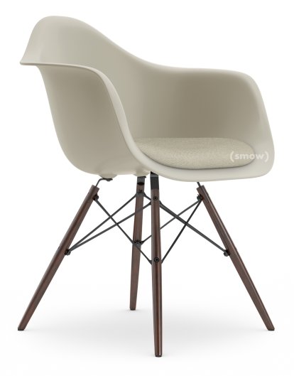 Eames Plastic Armchair RE DAW, Pebble, With seat upholstery, Warm grey / ivory, Standard version - 43 cm, Dark maple