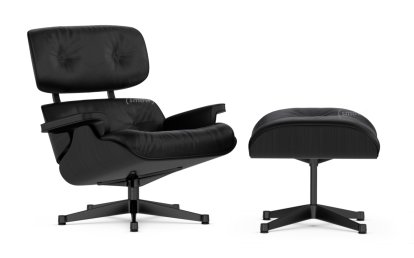Lounge Chair & Ottoman, Black varnished ash, Leather Premium F nero, 84 cm - Original height 1956, Black powdercoated