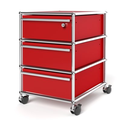 USM Haller Mobile Pedestal with 3 Drawers Type I (with Counterbalance), Top drawer with lock, USM ruby red