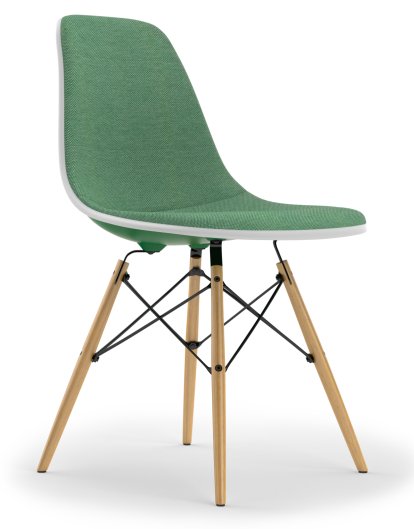 Eames Plastic Side Chair DSW, Emerald, With full upholstery, Green / ivory, Standard version - 43 cm, Ash honey tone