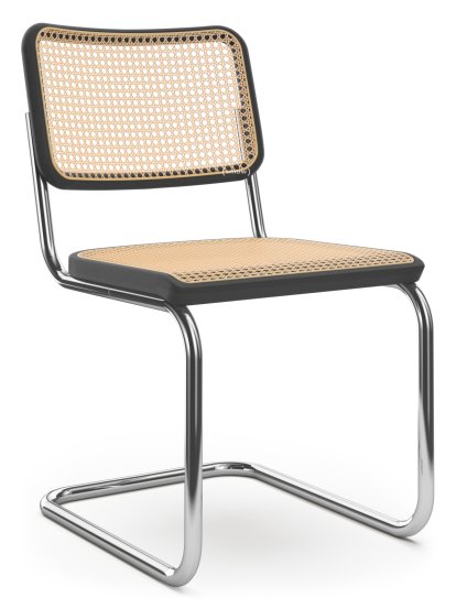 S 32 / S 32 N Cantilever Chair, Cane-work (with supporting mesh underneath seat), Black stained beech, Black plastic glides with felt