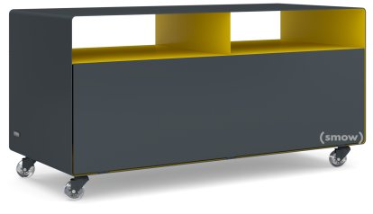 TV Lowboard R 108, Anthracite grey (RAL 7016) - Traffic yellow (RAL 1023), Transparent castors