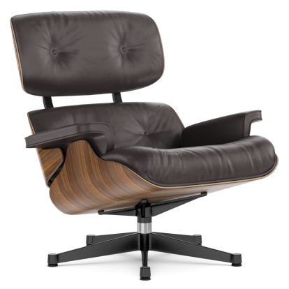 Lounge Chair, Walnut with black pigmentation, Leather Premium F chocolate, 84 cm - Original height 1956, Aluminium polished, sides black