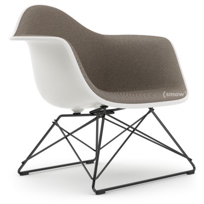 Eames Plastic Armchair LAR, White RE, Full upholstery warm grey / moor brown, Coated basic dark