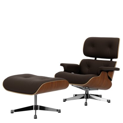 Lounge Chair & Ottoman, Walnut, natural, Leather Premium F marron, 84 cm - Original height 1956, Aluminium polished